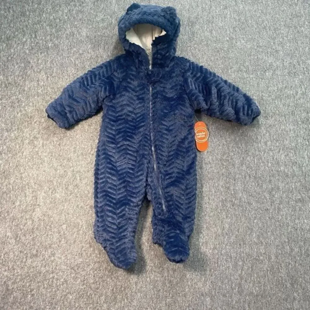 Wonder Nation 6-9 Baby‎ Teddy Fleece Pram with Hood Snowsuit Blue Hand Mittens